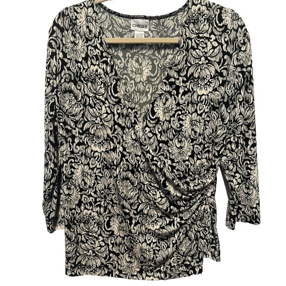 Chico's Tops - Chicos Womens Top 2 (L) Faux Wrap Black Floral Stretch V Neck 3/4 Sleeve Slinky